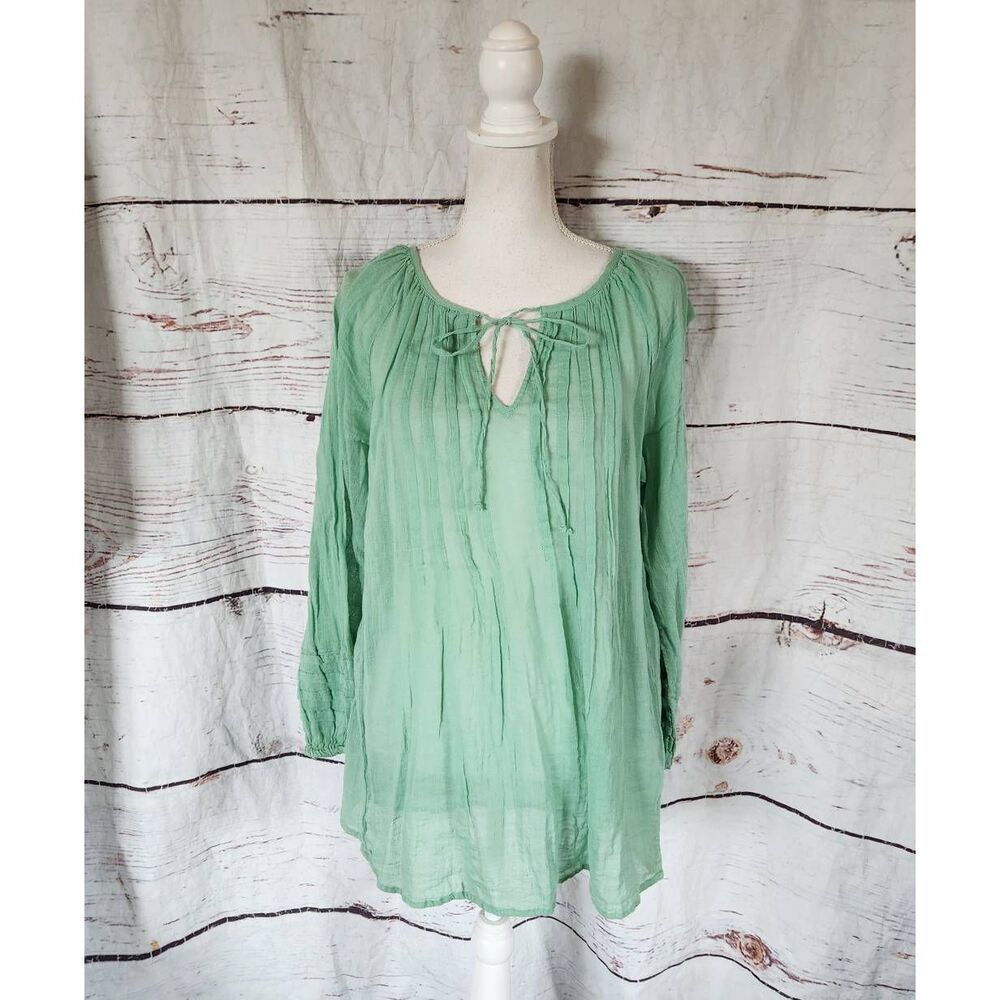 Sundance Pin Tuck Long Sleeve Green Tunic Size Small